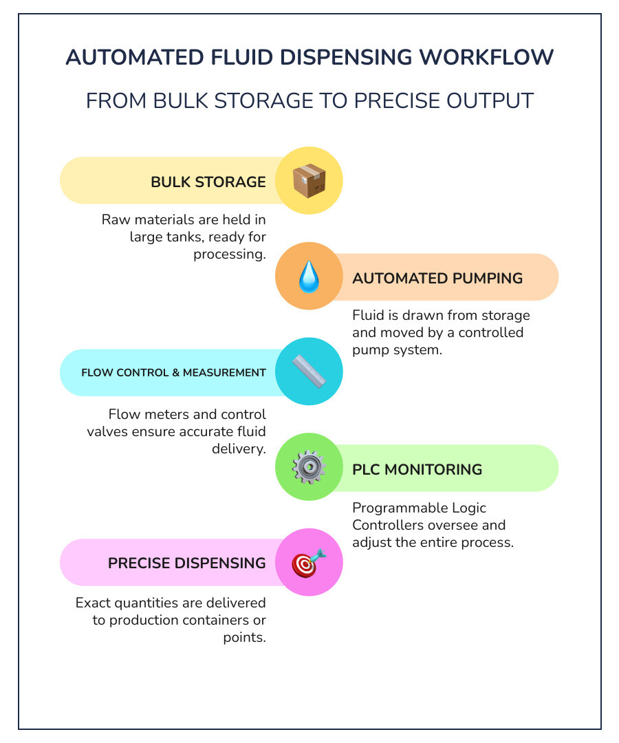 Infographic showing automated fluid dispensing workflow: bulk storage tank connects to automated pump system, which feeds through flow meter and control valve, monitored by PLC controller, finally dispensing precise amounts into production containers - automated fluid dispensing systems infographic infographic-line-5-steps-colors Infographic showing automated fluid dispensing workflow: bulk storage tank connects to automated pump system, which feeds through flow meter and control valve, monitored by PLC controller, finally dispensing precise amounts into production containers - automated fluid dispensing systems infographic infographic-line-5-steps-colors