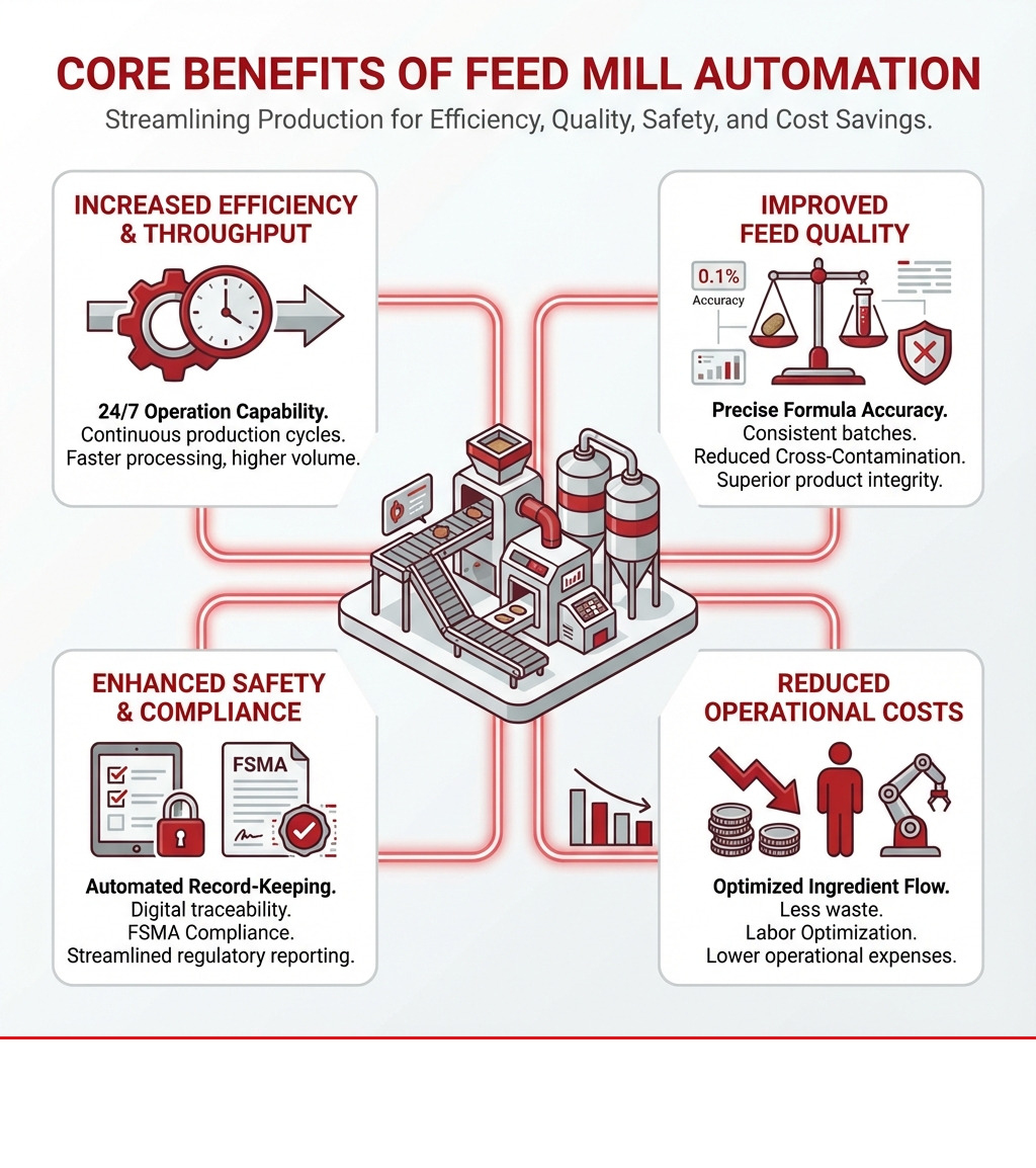 Infographic showing core benefits of feed mill automation Infographic showing core benefits of feed mill automation