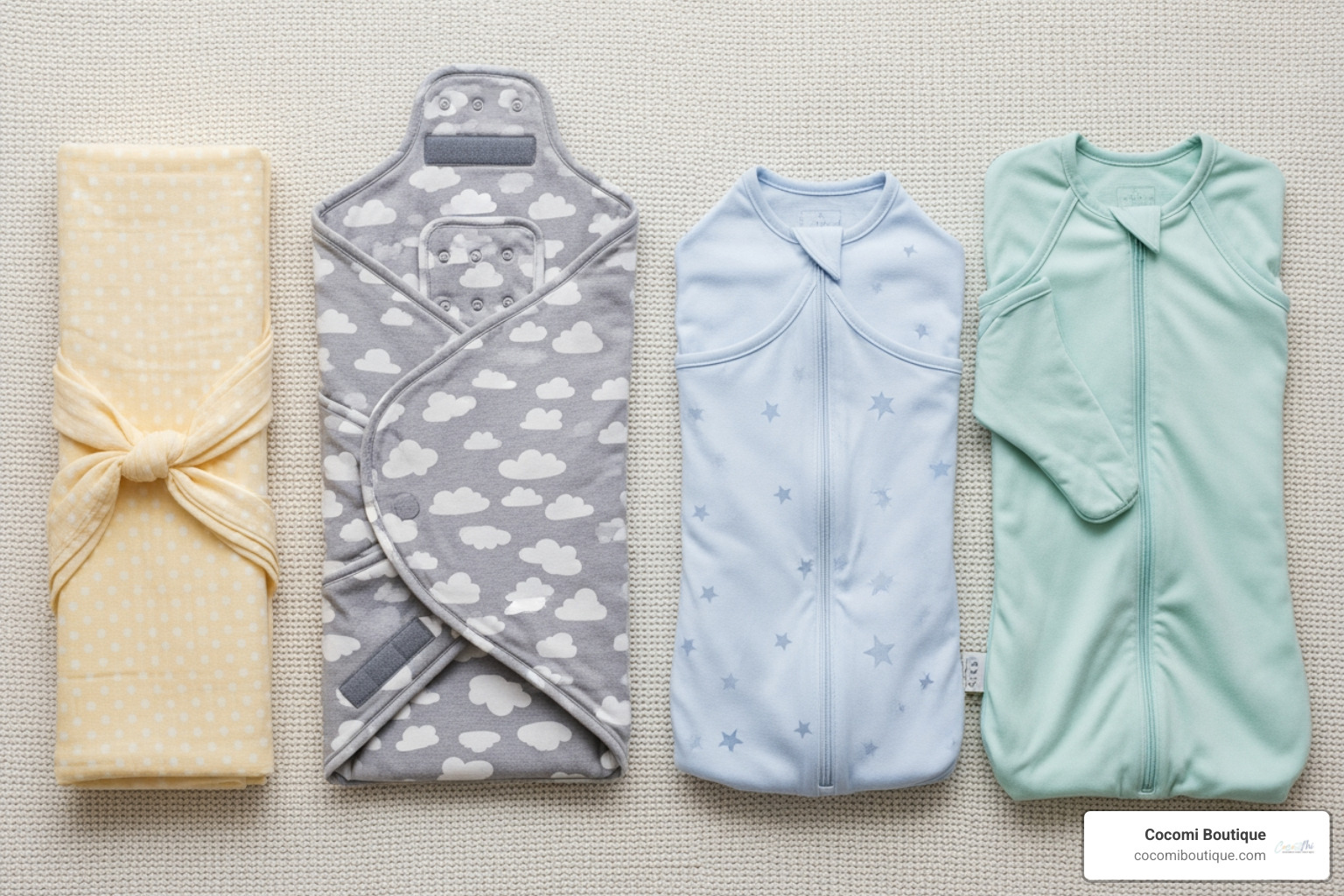 Four different types of swaddles: a traditional muslin blanket, a wrap with easy fasteners, a zippered pouch, and a transition sleep sack - swaddles for newborns