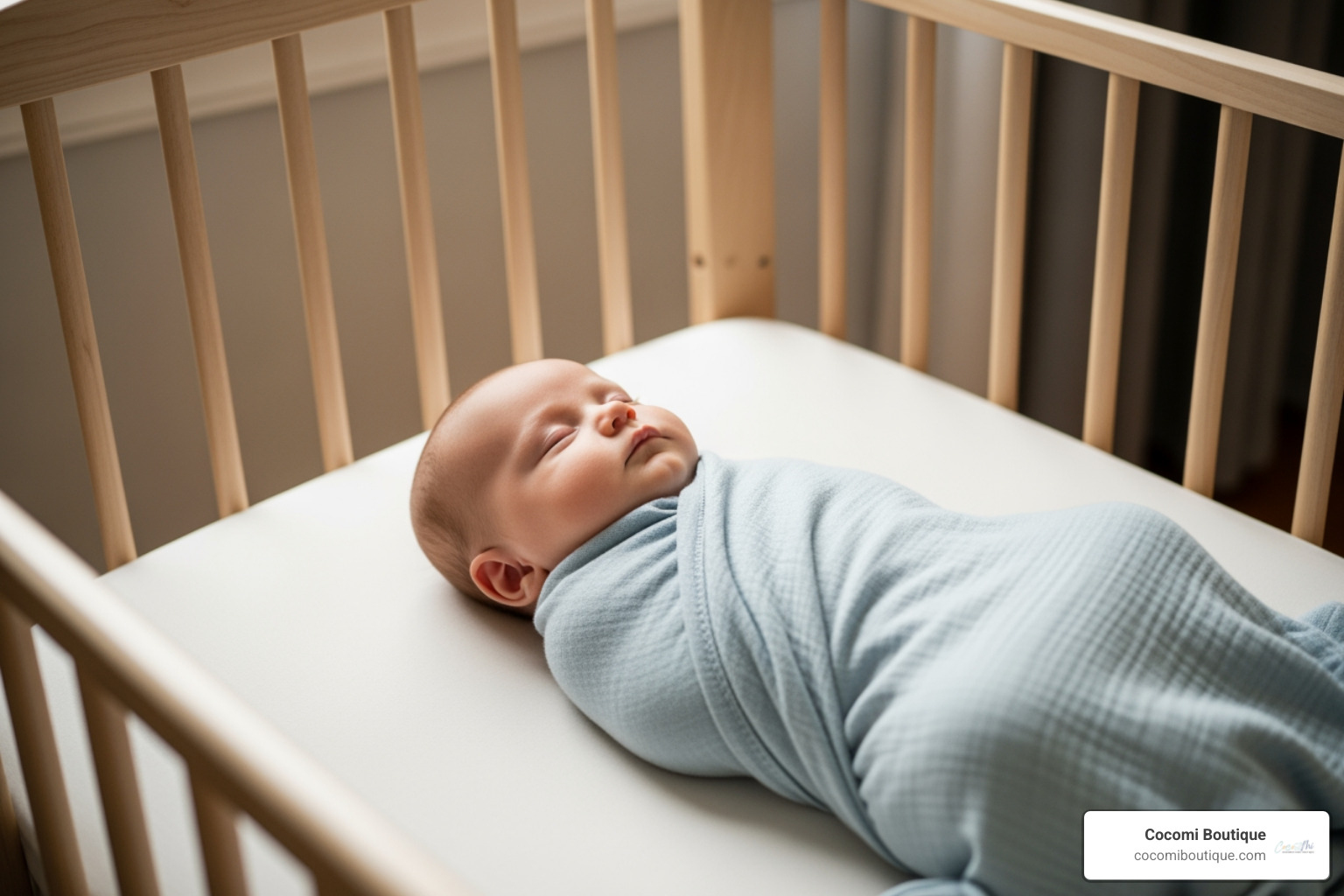 A baby correctly swaddled on their back in a crib with no other items - swaddles for newborns