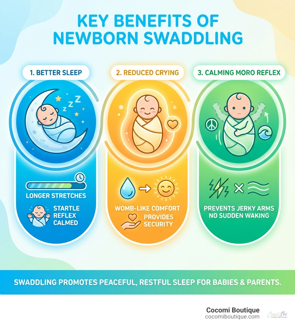 Infographic showing three key benefits of swaddling newborns: 1) Better Sleep - babies sleep longer stretches when the startle reflex is calmed, 2) Reduced Crying - the snug feeling mimics the womb and provides comfort and security, 3) Calming the Moro Reflex - swaddling prevents jerky arm movements that wake babies up suddenly - swaddles for newborns infographic 