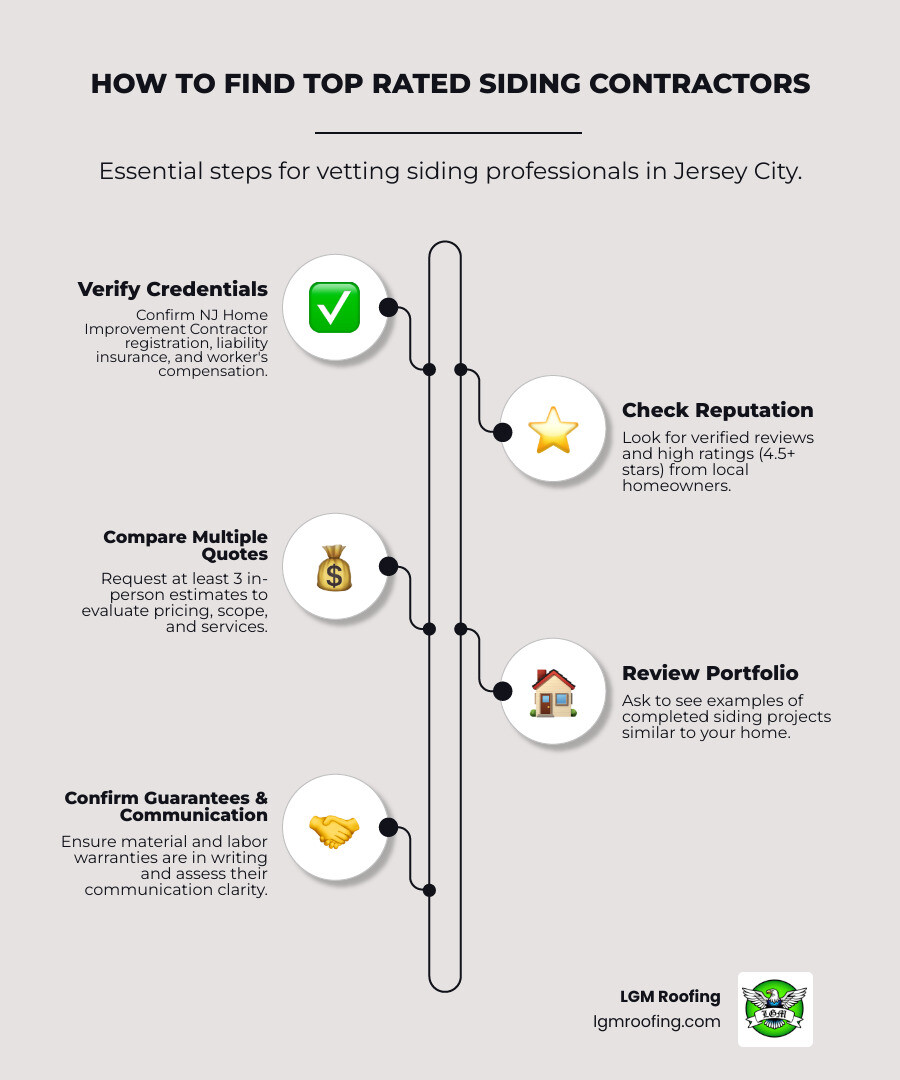 infographic showing key contractor vetting steps including license verification, insurance confirmation, review checking, portfolio review, warranty evaluation, and communication assessment with checkmarks - top rated siding contractors in jersey city, nj infographic infographic-line-5-steps-elegant_beige Infographic detailing steps for finding top-rated siding contractors in Jersey City, including verifying credentials, checking reputation, comparing quotes, confirming guarantees, and reviewing portfolios, branded with LGM Roofing logo.
