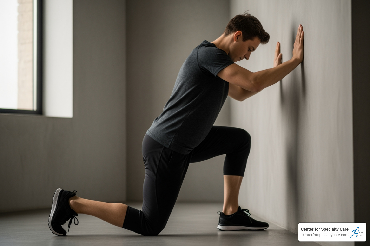 person doing a calf stretch against a wall - plantar fasciitis relief