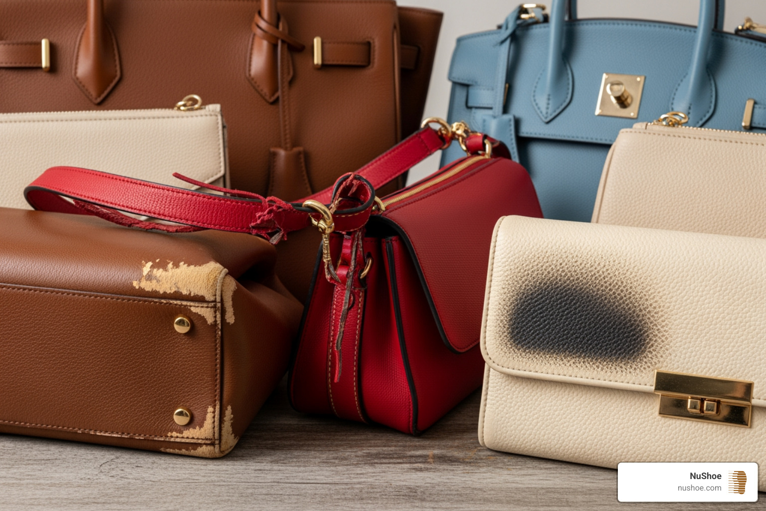 various types of handbag damage like scuffs, broken straps, and faded color - restore bag near me