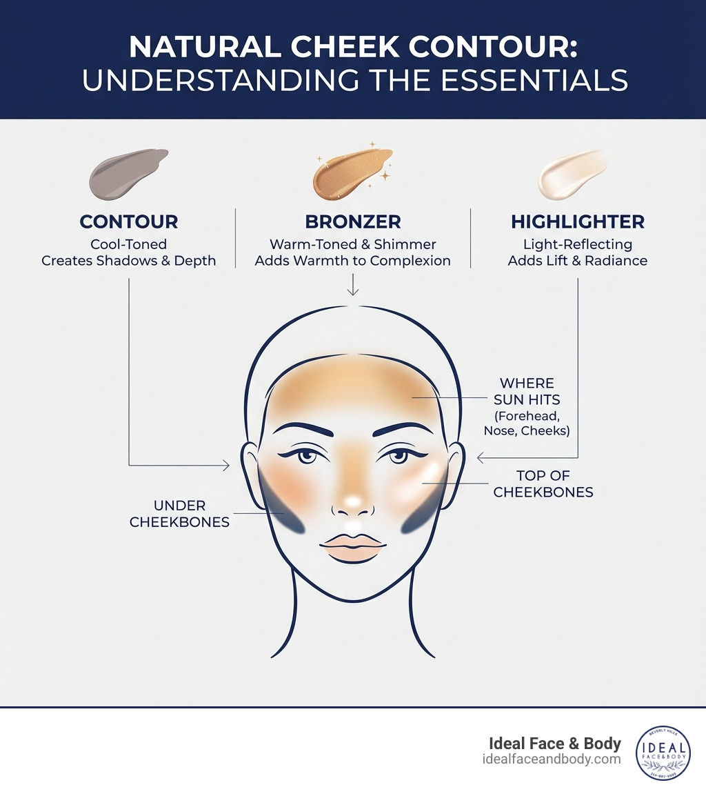 Infographic showing the key differences between contour (cool-toned, creates shadows under cheekbones), bronzer (warm-toned with shimmer, adds warmth to complexion), and highlighter (light-reflecting, applied to top of cheekbones), with visual placement guides for each product on a face diagram - natural cheek contour infographic Infographic showing the key differences between contour (cool-toned, creates shadows under cheekbones), bronzer (warm-toned with shimmer, adds warmth to complexion), and highlighter (light-reflecting, applied to top of cheekbones), with visual placement guides for each product on a face diagram - natural cheek contour infographic