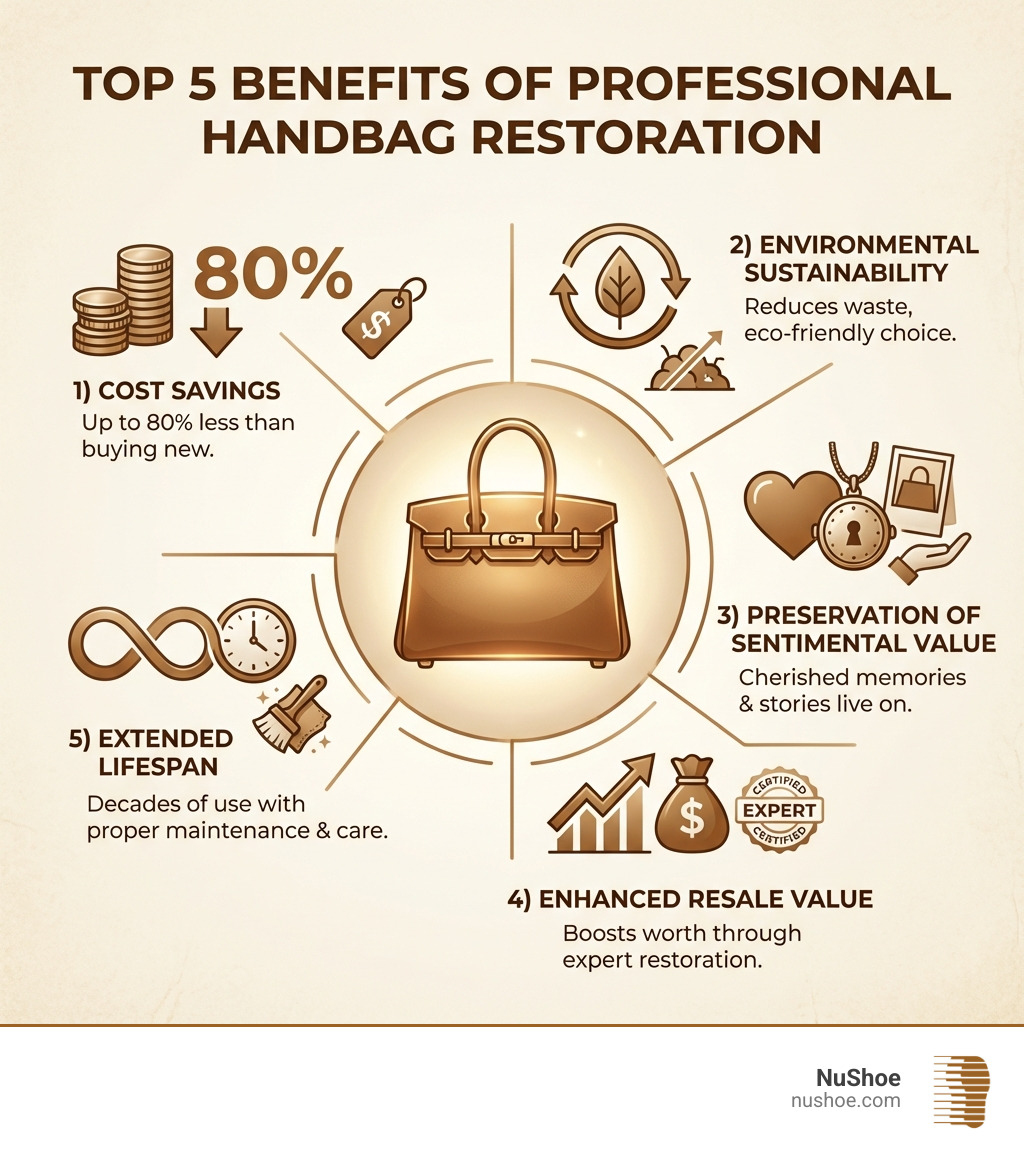 Infographic showing the top 5 benefits of professional handbag restoration: 1) Cost savings compared to buying new (up to 80% less), 2) Environmental sustainability by reducing waste, 3) Preservation of sentimental value and memories, 4) Enhanced resale value through expert restoration, 5) Extended lifespan with proper maintenance and care - restore bag near me infographic 