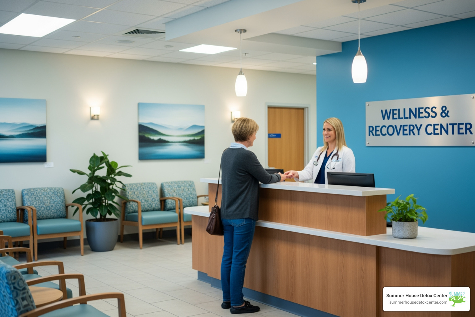 A medical professional in scrubs speaking calmly with a patient in a comfortable setting, possibly a consultation room in a detox facility. - suboxone detox centers