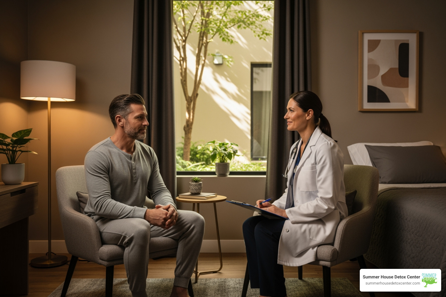 A patient in a comfortable, private room at a detox facility, speaking with a medical professional. - suboxone detox centers
