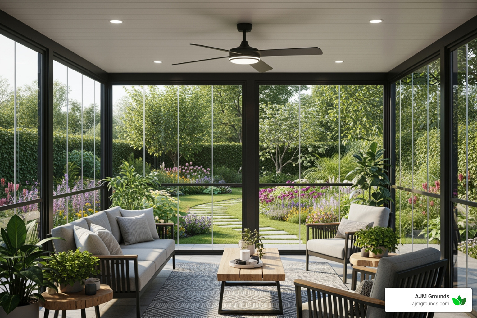 A beautifully furnished, modern patio enclosure with large glass windows overlooking a lush garden. - patio enclosure contractors near me