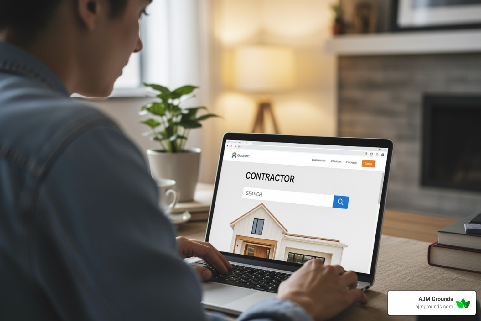 A person searching online on a laptop for local contractors. - patio enclosure contractors near me