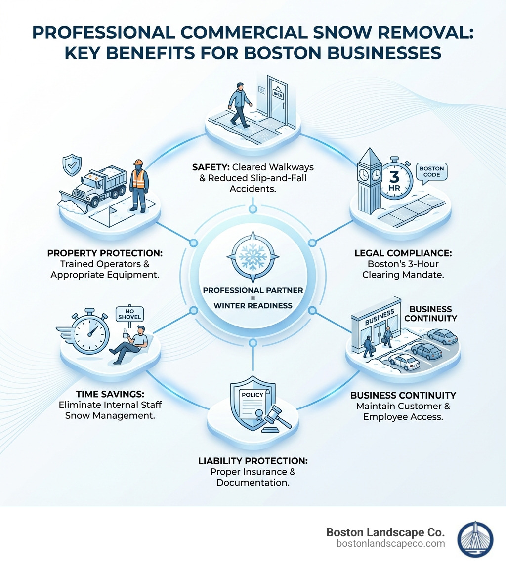 Infographic showing the key benefits of professional commercial snow removal: Safety through cleared walkways and reduced slip-and-fall accidents, Legal Compliance with Boston's 3-hour clearing mandate, Business Continuity by maintaining customer and employee access, Liability Protection through proper insurance and documentation, Time Savings by eliminating the need for internal staff to manage snow, and Property Protection through trained operators and appropriate equipment - commercial snow removal Boston infographic 