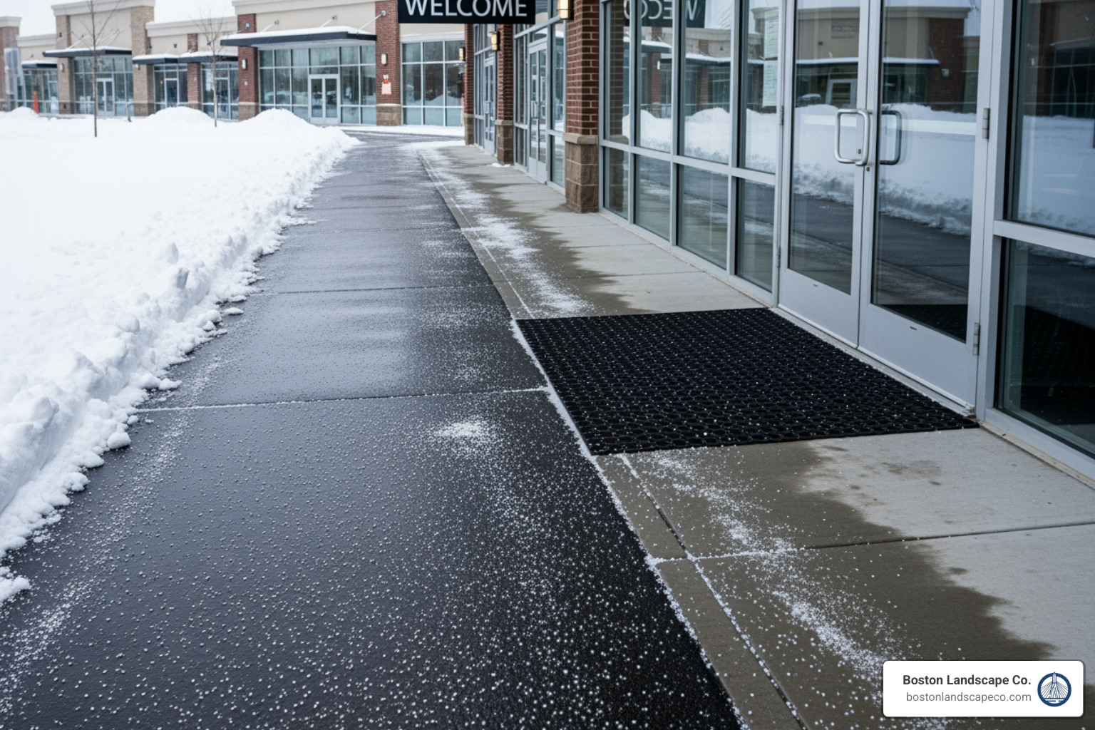 A clearly marked, salted, and safe commercial entryway and sidewalk - commercial snow removal Boston