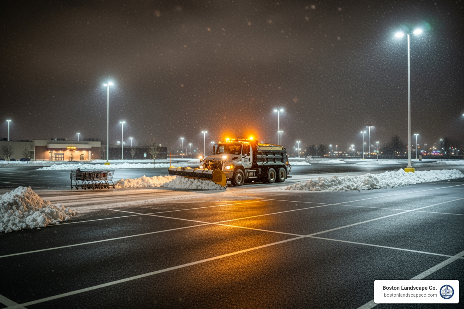 A snow plow clearing a large commercial parking lot at night - commercial snow removal Boston