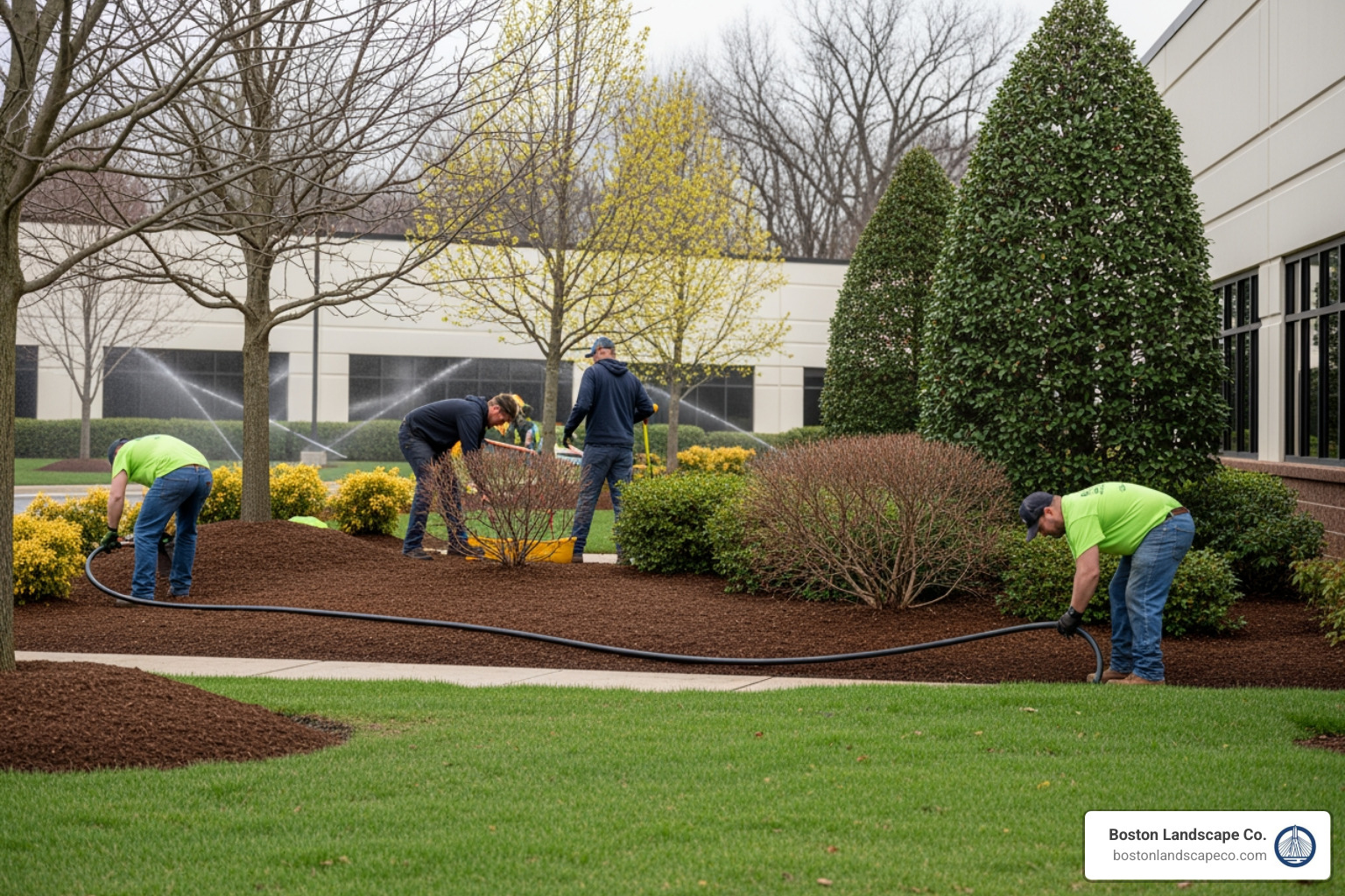 A commercial property's grounds being prepared for spring. Crews are mulching flower beds, pruning shrubs, and checking an irrigation system, with new greenery starting to emerge. - building and property maintenance