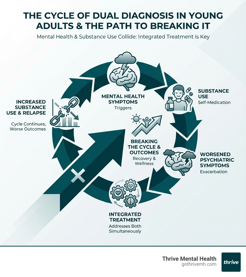 Infographic showing the cycle of dual diagnosis in young adults: mental health symptoms trigger substance use as self-medication, which worsens psychiatric symptoms, leading to increased substance use, higher relapse rates, and worse overall outcomes—breaking this cycle requires integrated treatment that addresses both conditions simultaneously - dual diagnosis young adults infographic 