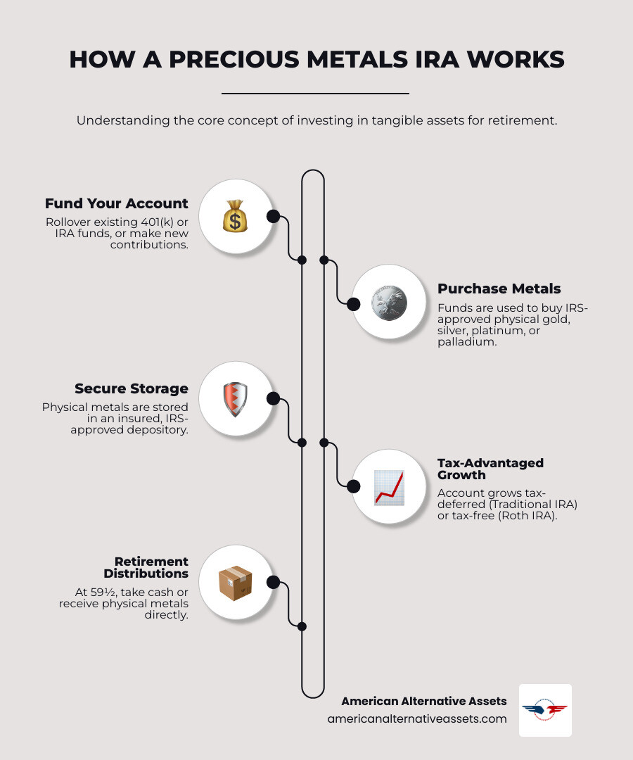 Infographic explaining the basic concept of a Precious Metals IRA: A retirement account (401k or IRA) is rolled over or contributed to. Those funds are used to purchase IRS-approved physical gold, silver, platinum, or palladium coins or bars. The physical metals are then stored in a secure, insured, IRS-approved depository. The account grows tax-deferred (Traditional IRA) or tax-free (Roth IRA), and at retirement age (59½), you can take distributions as cash or receive the physical metals directly. - precious metals retirement account infographic infographic-line-5-steps-elegant_beige Infographic explaining the basic concept of a Precious Metals IRA: A retirement account (401k or IRA) is rolled over or contributed to. Those funds are used to purchase IRS-approved physical gold, silver, platinum, or palladium coins or bars. The physical metals are then stored in a secure, insured, IRS-approved depository. The account grows tax-deferred (Traditional IRA) or tax-free (Roth IRA), and at retirement age (59½), you can take distributions as cash or receive the physical metals directly. - precious metals retirement account infographic infographic-line-5-steps-elegant_beige