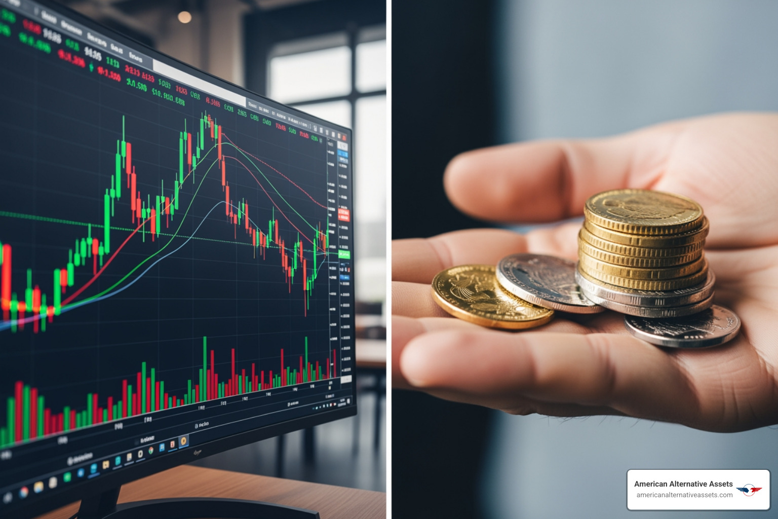 Comparison of a traditional stock portfolio on a screen versus physical gold and silver coins in hand - precious metals retirement account Comparison of a traditional stock portfolio on a screen versus physical gold and silver coins in hand - precious metals retirement account