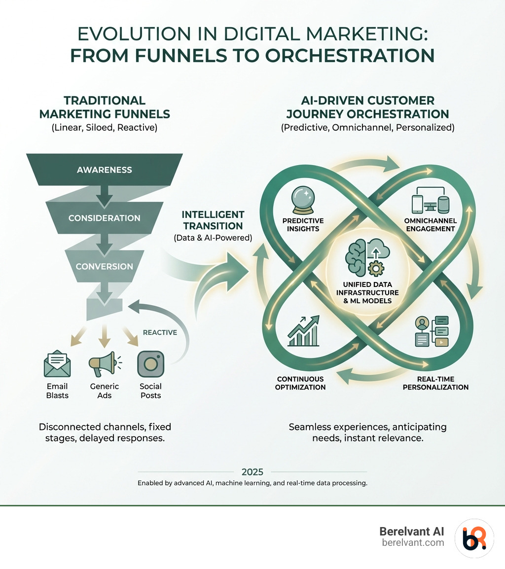 Infographic showing the evolution from traditional marketing funnels (linear, channel-siloed, reactive) to AI-driven customer journey orchestration (predictive, omnichannel, personalized in real-time, powered by unified data infrastructure and machine learning models) - ai digital marketing infographic 