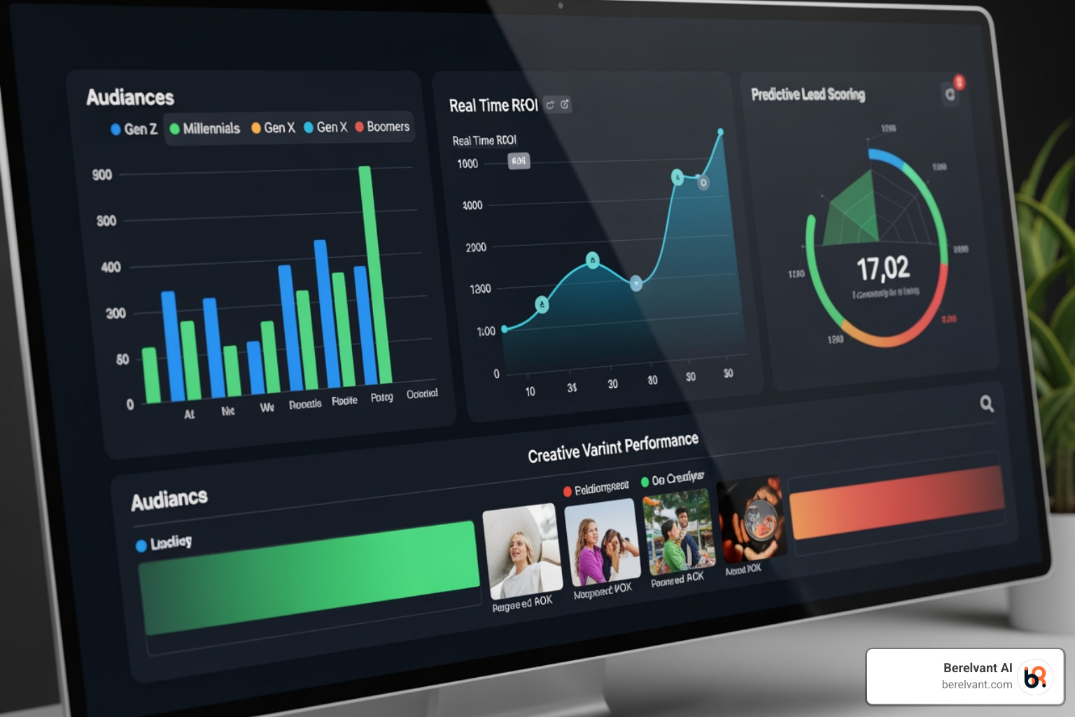 Dashboard displaying key AI-driven campaign performance metrics, including real-time ROI, conversion rates by segment, predictive lead scores, and creative variant performance across multiple markets - ai digital marketing