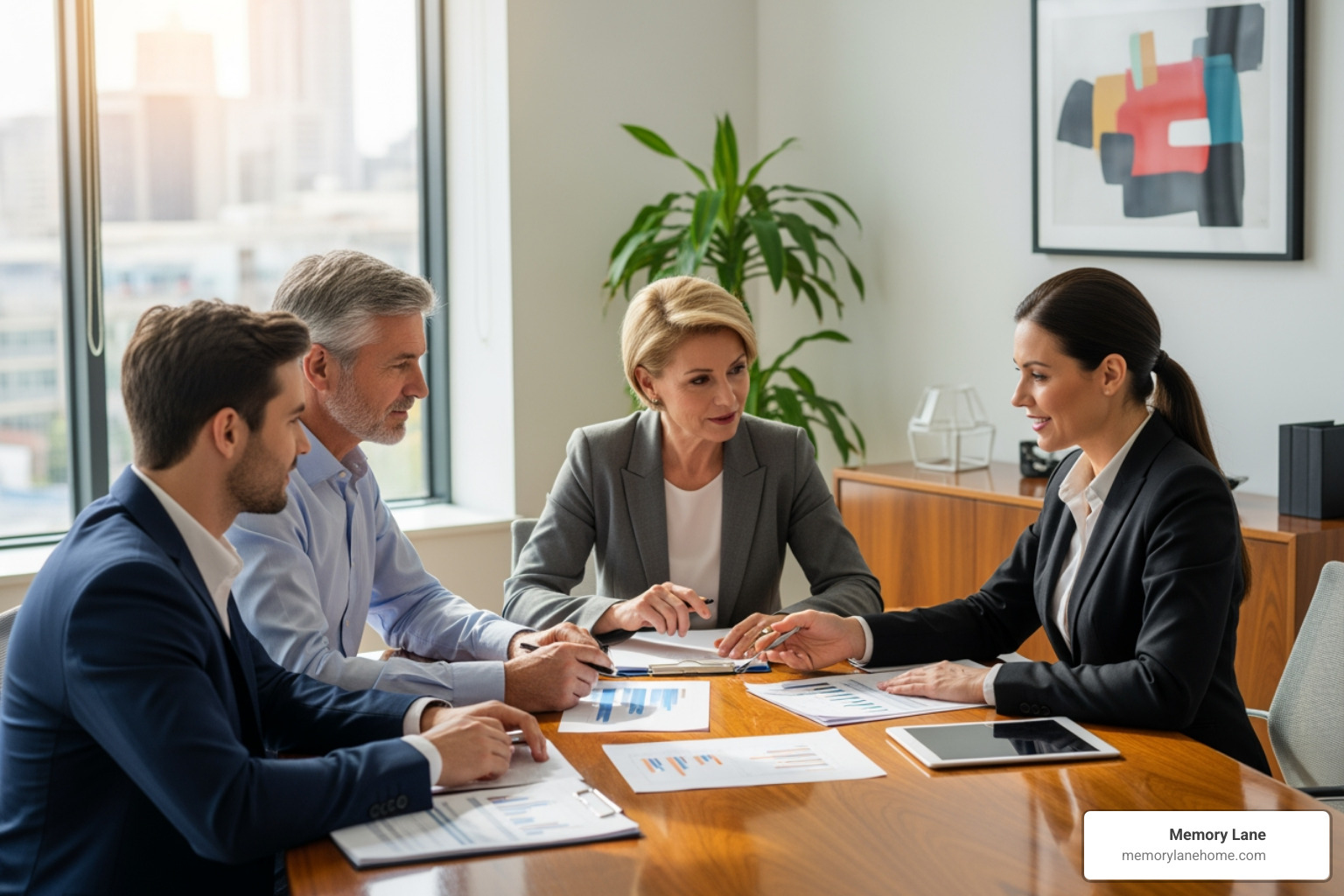 Family discussing finances with a consultant, looking at documents on a table. - Memory care ann arbor Family discussing finances with a consultant, looking at documents on a table. - Memory care ann arbor