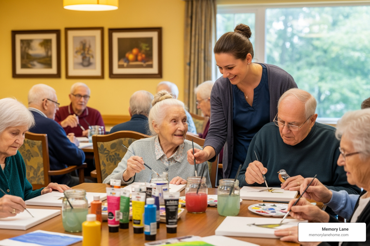 Residents participating in a group activity, possibly art therapy or a board game, with a caregiver gently guiding them. - Memory care ann arbor Residents participating in a group activity, possibly art therapy or a board game, with a caregiver gently guiding them. - Memory care ann arbor