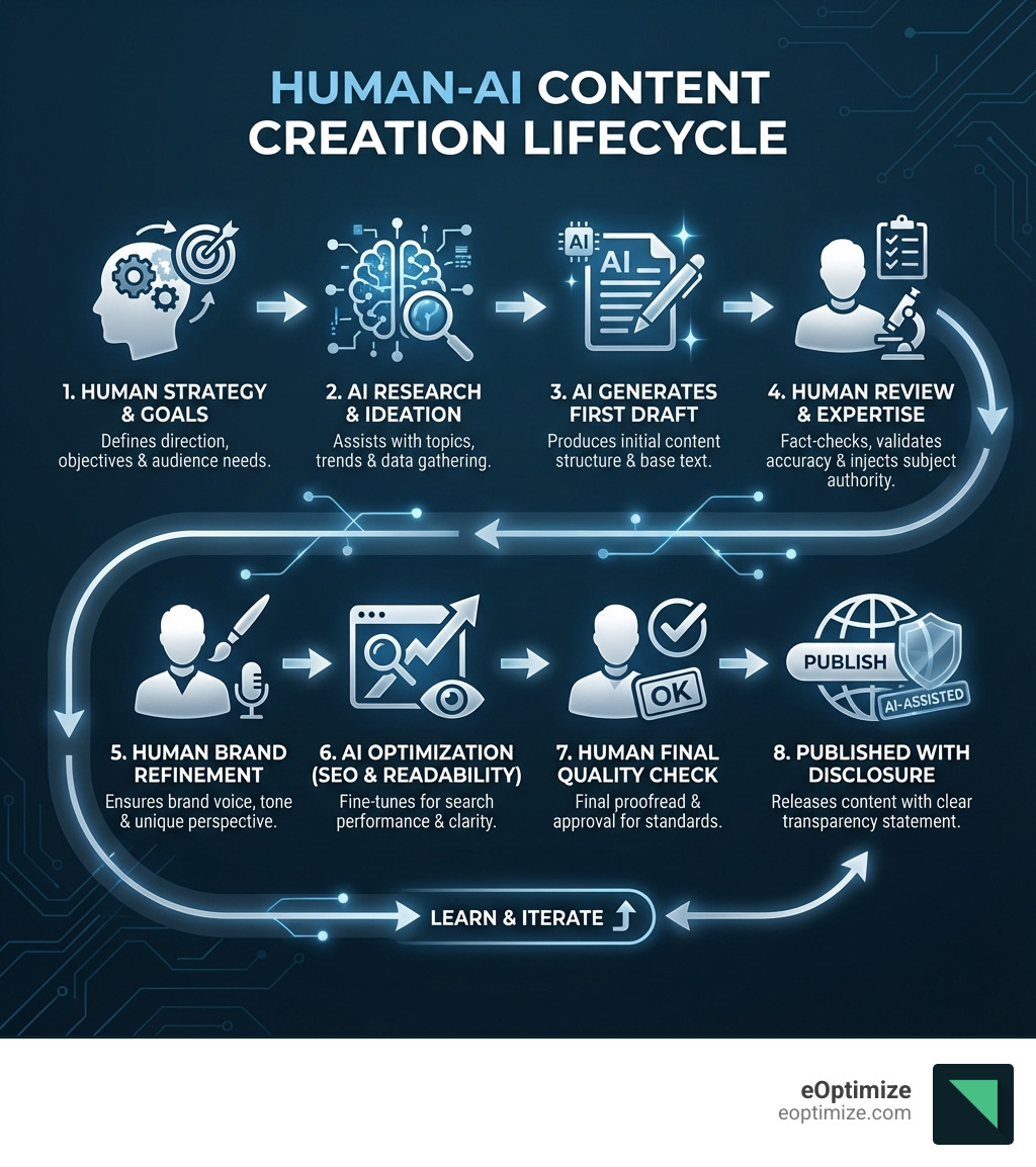 Infographic showing the human-AI content creation lifecycle: Human defines strategy and goals → AI assists with research and ideation → AI generates first draft → Human reviews, fact-checks, and adds expertise → Human refines for brand voice and originality → AI optimizes for SEO and readability → Human performs final quality check → Content published with proper disclosure - AI content best practices infographic 