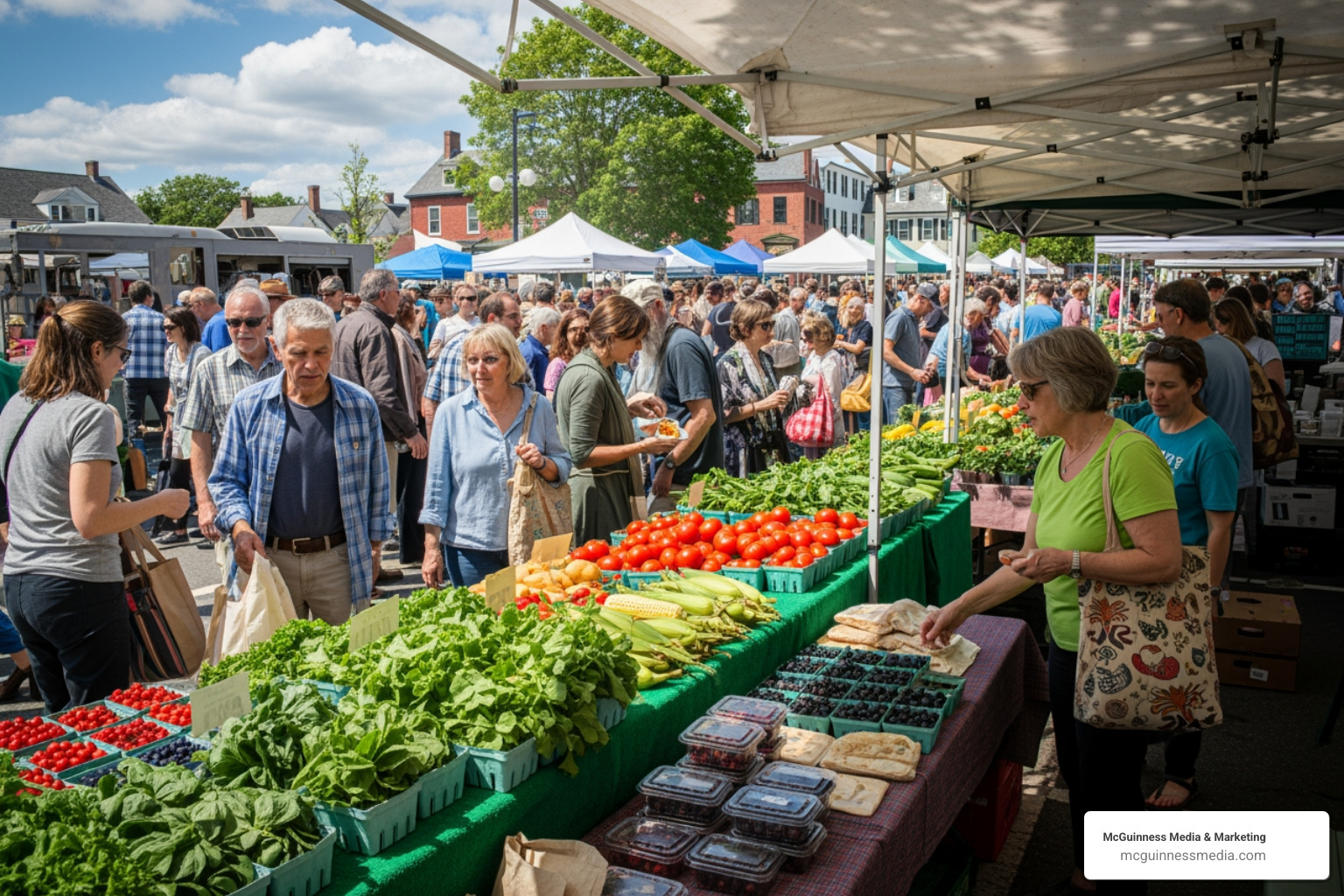 Busy local farmers market in Rhode Island - marketing agency rhode island