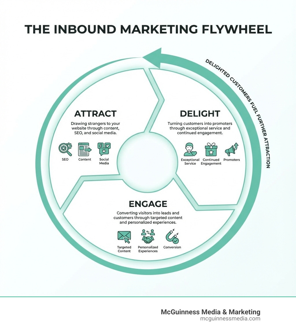 Infographic showing the inbound marketing flywheel with three stages: Attract (drawing strangers to your website through content, SEO, and social media), Engage (converting visitors into leads and customers through targeted content and personalized experiences), and Delight (turning customers into promoters through exceptional service and continued engagement), with arrows showing how delighted customers fuel further attraction - inbound marketing agency ri infographic 