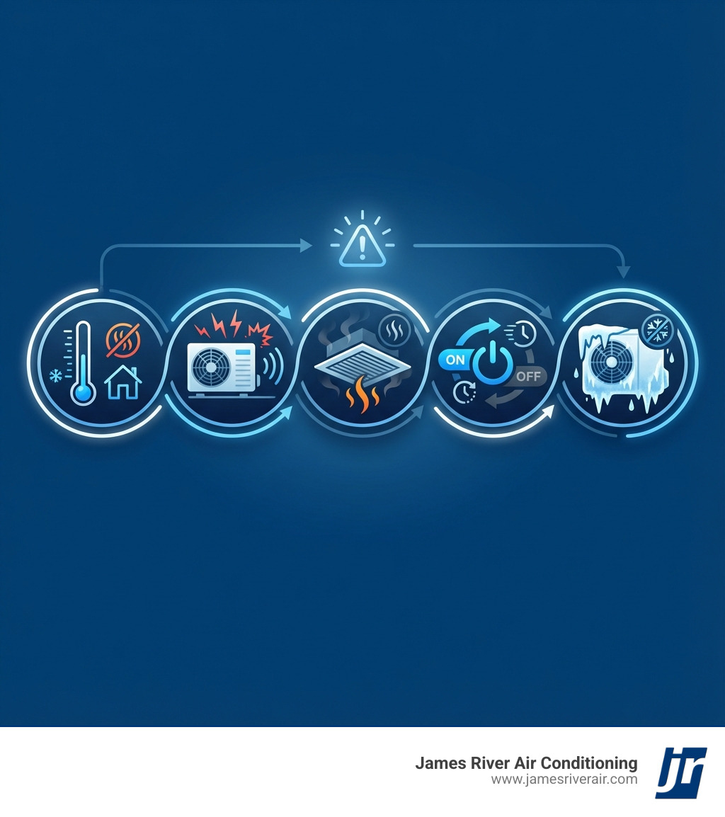 Infographic showing five warning signs that require immediate 24-hour heat pump service: 1) Complete loss of heat with temperatures below freezing, 2) Loud grinding, squealing, or banging noises from the unit, 3) Burning smell or electrical odor coming from vents, 4) System rapidly cycling on and off every few minutes, 5) Ice buildup covering the outdoor unit that won't melt during defrost cycle - 24 hour heat pump service in richmond, va infographic Infographic showing five warning signs that require immediate 24-hour heat pump service: 1) Complete loss of heat with temperatures below freezing, 2) Loud grinding, squealing, or banging noises from the unit, 3) Burning smell or electrical odor coming from vents, 4) System rapidly cycling on and off every few minutes, 5) Ice buildup covering the outdoor unit that won't melt during defrost cycle - 24 hour heat pump service in richmond, va infographic