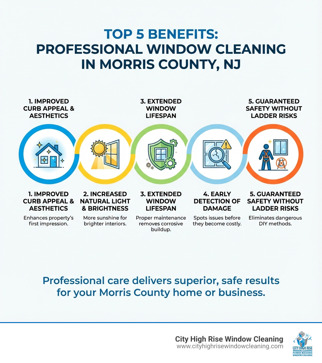 infographic showing the top 5 benefits of professional window cleaning in Morris County NJ including improved curb appeal and aesthetics, increased natural light and brightness, extended window lifespan through proper maintenance, early detection of window damage or seal failure, and guaranteed safety without ladder risks - window cleaning morris county nj infographic infographic showing the top 5 benefits of professional window cleaning in Morris County NJ including improved curb appeal and aesthetics, increased natural light and brightness, extended window lifespan through proper maintenance, early detection of window damage or seal failure, and guaranteed safety without ladder risks - window cleaning morris county nj infographic