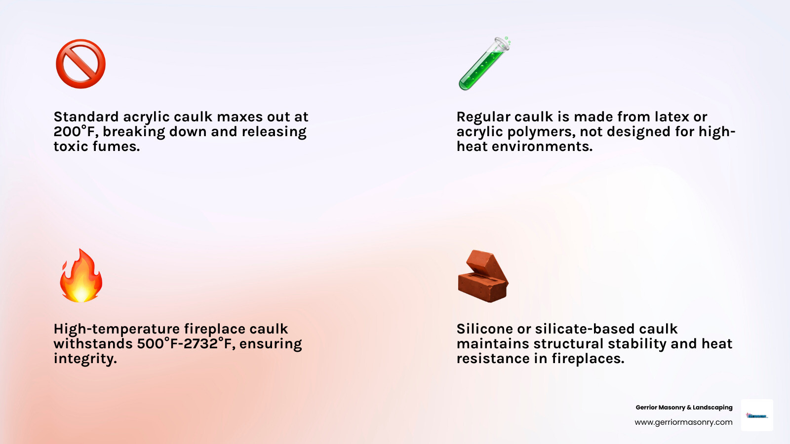 Infographic comparing standard acrylic caulk (max temperature 200°F, latex or acrylic polymer base, flexible but not heat-resistant, suitable for general household use) versus high-temperature fireplace caulk (temperature range 500°F-2732°F depending on type, silicone or silicate base, maintains integrity under extreme heat, specifically designed for fireplaces, stoves, and ovens) - fireplace caulk infographic 4_facts_emoji_light-gradient