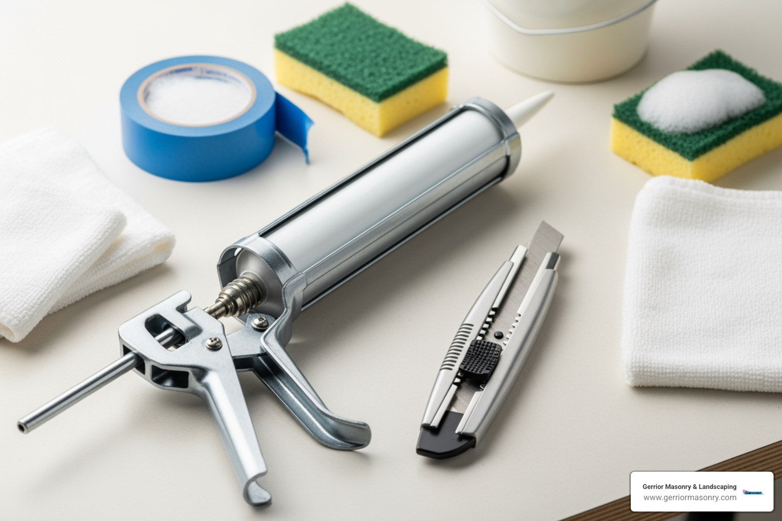 tools needed for caulking: a caulking gun, utility knife, and cleaning supplies - fireplace caulk