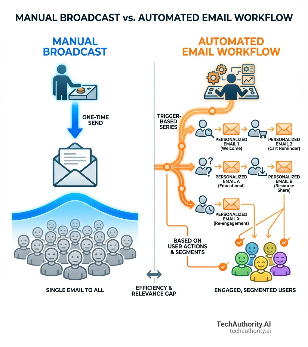 Infographic explaining the difference between a manual broadcast and an automated email workflow, showing manual as a single email to all, and automated as a series of triggered, personalized emails based on user actions and segments - email marketing automation tips infographic 
