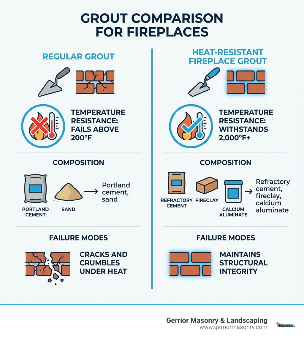 Infographic showing the key differences between regular grout and heat-resistant fireplace grout, including temperature resistance ratings (regular grout fails above 200°F while heat-resistant grout withstands 2,000°F+), composition differences (regular grout contains Portland cement and sand vs. heat-resistant grout containing refractory cement, fireclay, and calcium aluminate), and failure modes (regular grout cracks and crumbles vs. heat-resistant grout maintains structural integrity) - fireplace grout infographic 