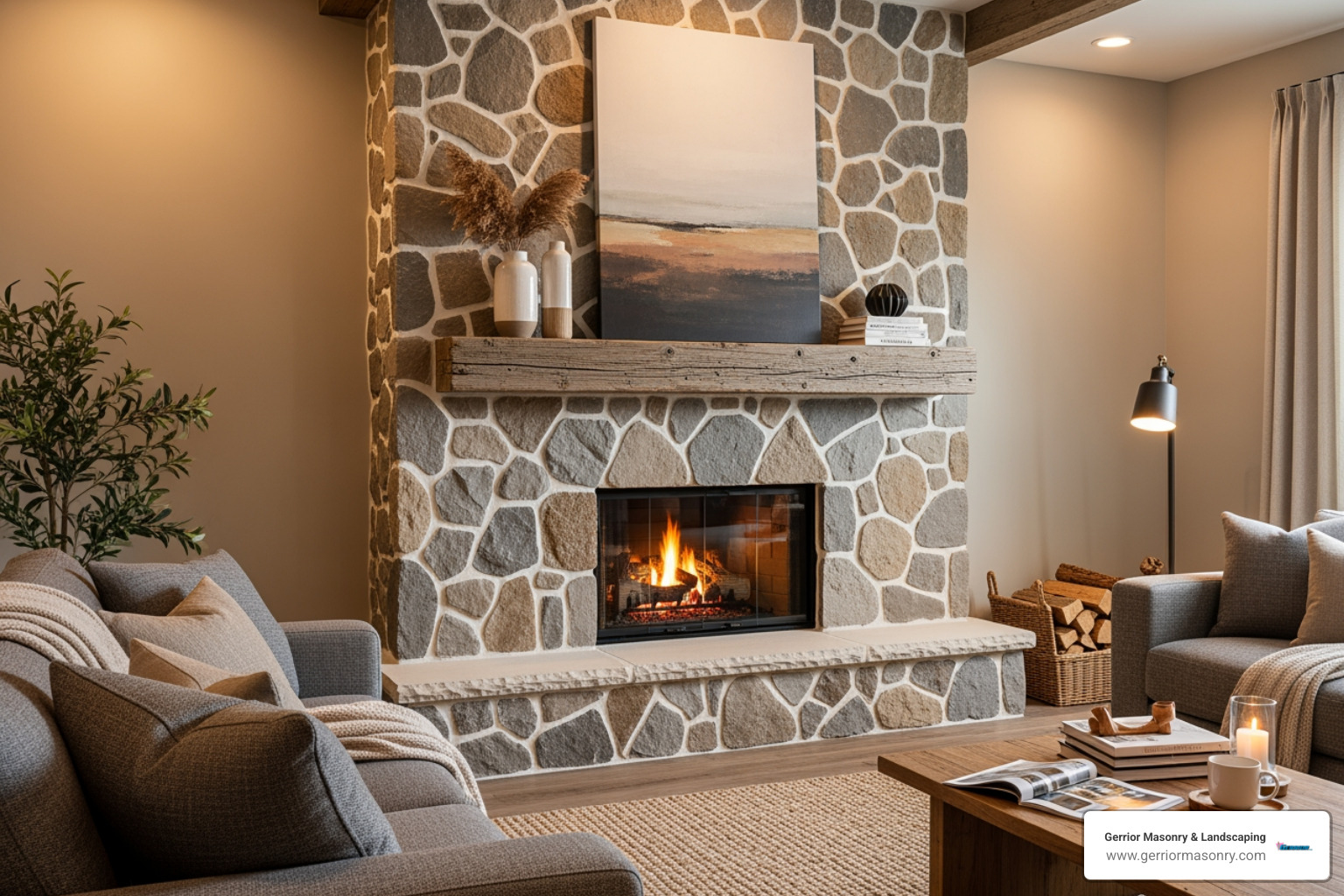 Trendy overgrouted stone fireplace in a cozy living room - fireplace grout