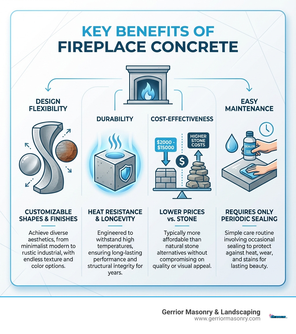 Infographic showing four key benefits of fireplace concrete: Design Flexibility with customizable shapes and finishes, Durability with heat resistance and longevity, Cost-Effectiveness with prices ranging $2000-$15000 versus higher stone costs, and Easy Maintenance requiring only periodic sealing - fireplace concrete infographic 