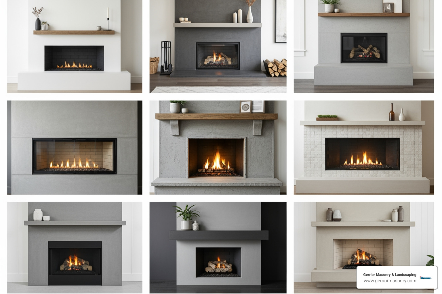 collage showing different concrete fireplace styles and colors - fireplace concrete