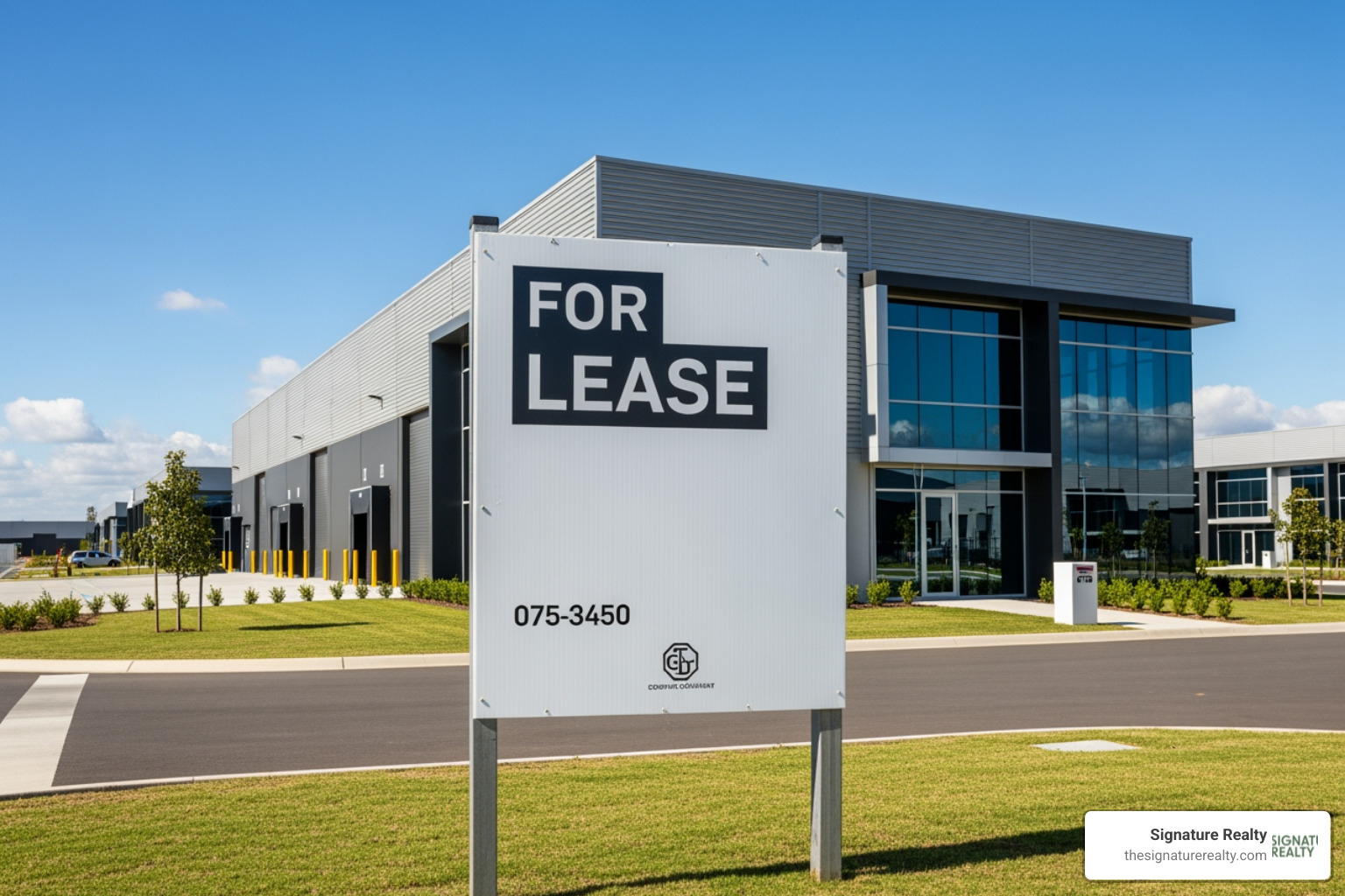 For Lease sign in front of a Medley warehouse - Medley industrial park For Lease sign in front of a Medley warehouse - Medley industrial park