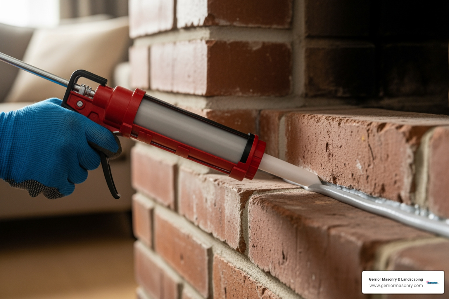 hand using a caulking gun to apply a bead of sealant to a fireplace gap - fireplace caulking