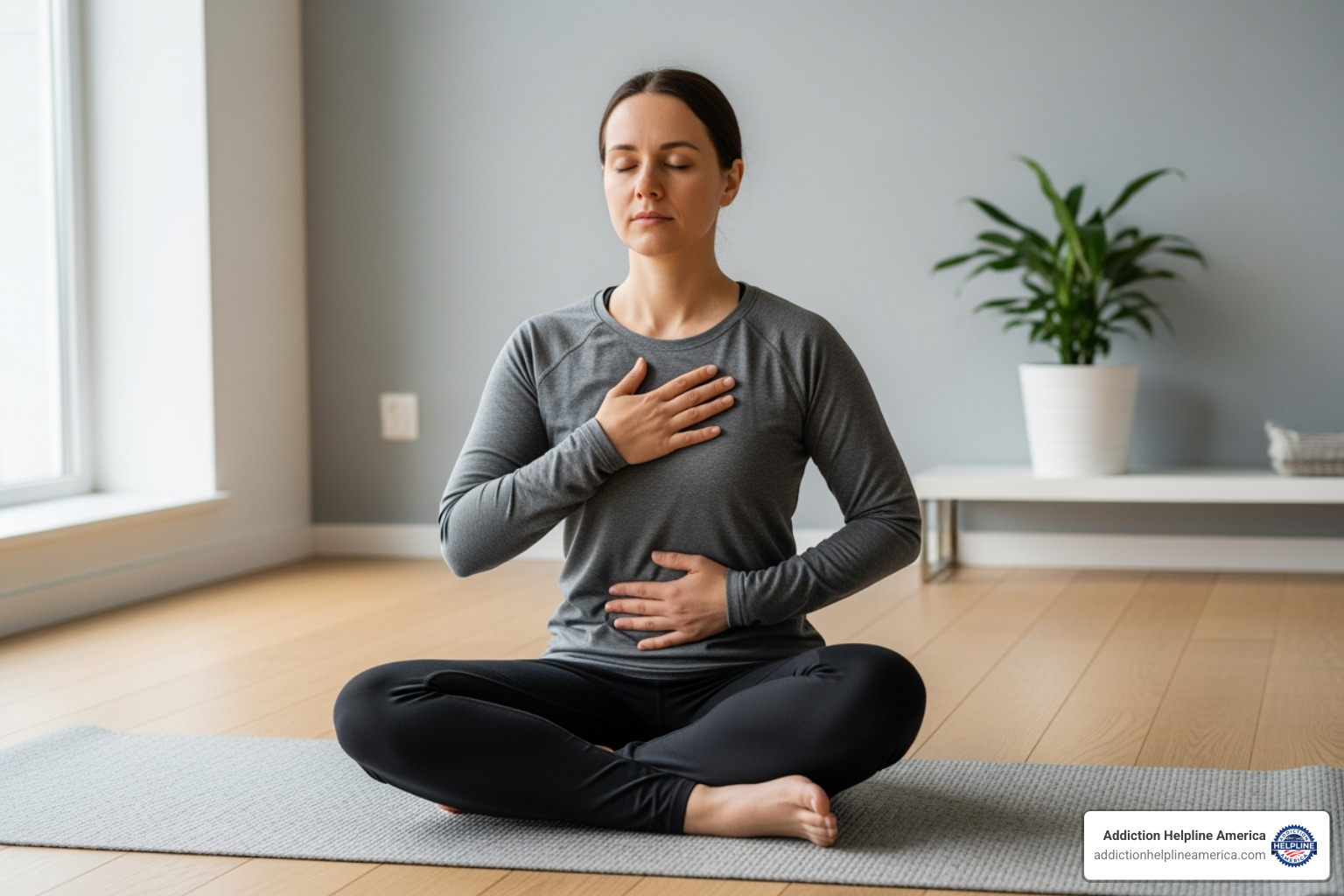 person practicing deep breathing exercises, eyes closed, hands on their chest and stomach - best anxiety medication person practicing deep breathing exercises, eyes closed, hands on their chest and stomach - best anxiety medication