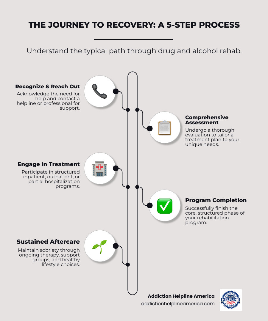 infographic showing the journey from crisis call to Addiction Helpline America, through assessment and treatment matching, to entering rehab, completing program, and transitioning to aftercare support with ongoing recovery - rehab drug alcohol infographic infographic-line-5-steps-elegant_beige