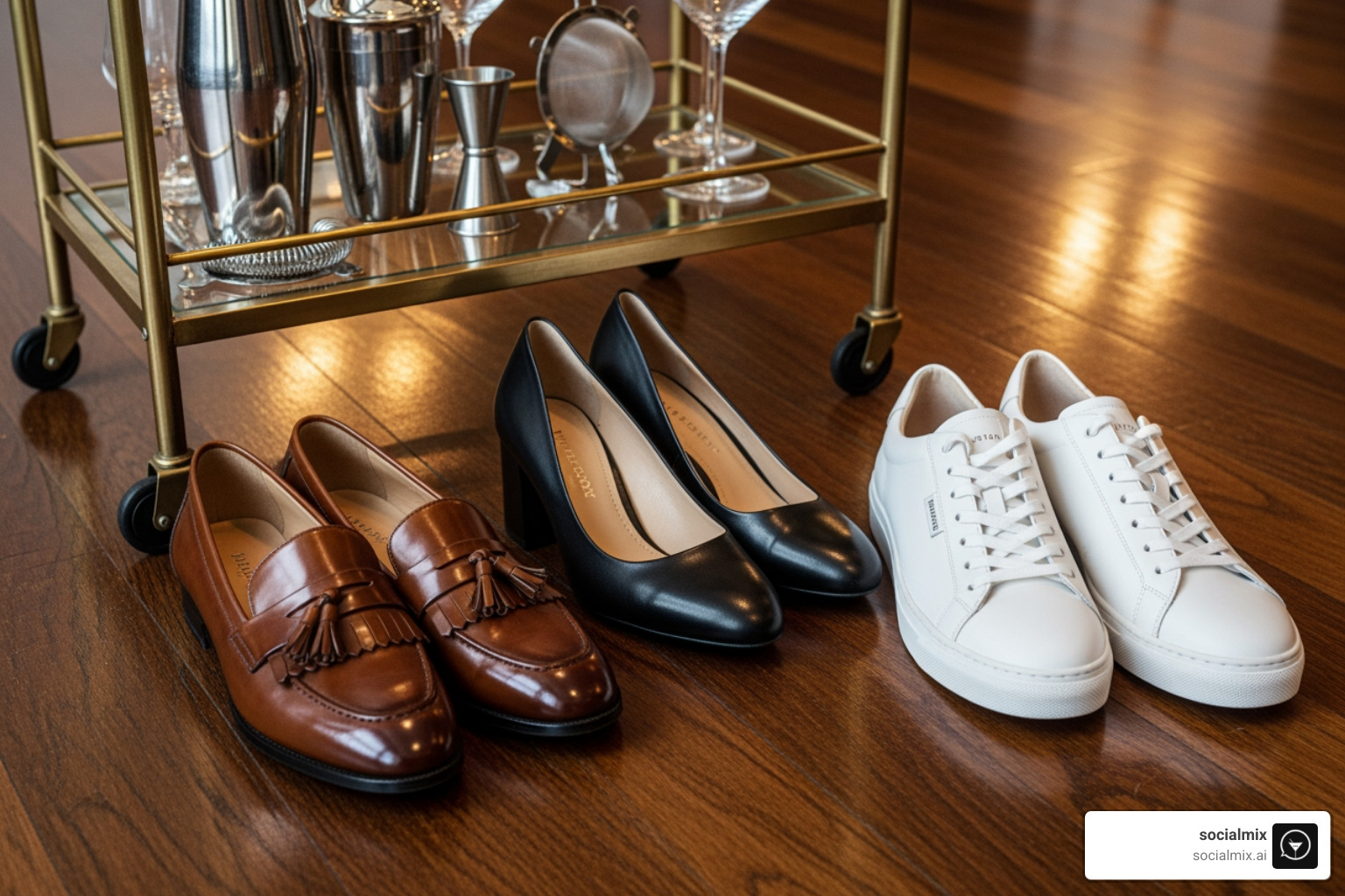 stylish footwear options like loafers, block heels, and clean sneakers arranged near a bar cart with bartender tools - casual bar outfits