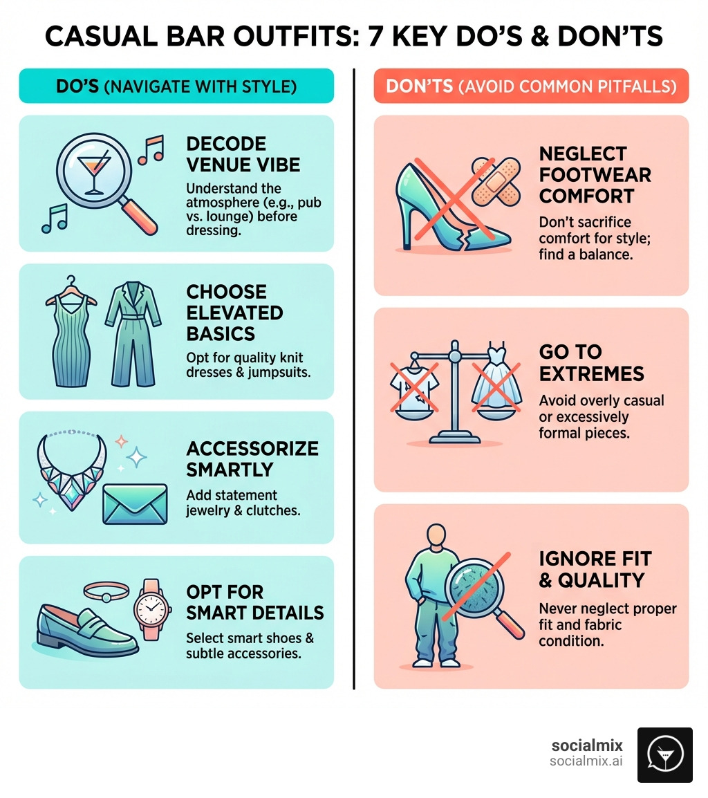 Infographic showing 7 key tips for casual bar outfits: DO decode the venue vibe, DO choose elevated basics like knit dresses and jumpsuits, DO accessorize with statement jewelry and clutches, DON'T underestimate footwear comfort and style, DON'T go to extremes with overly casual or formal pieces, DON'T neglect fit and fabric quality, DO choose smart shoes and subtle accessories - casual bar outfits infographic 