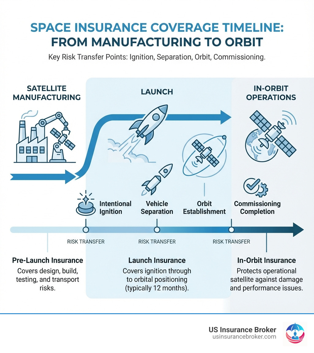 Infographic showing the timeline of space insurance coverage from satellite manufacturing through launch to in-orbit operations, with key risk transfer points marked at intentional ignition, vehicle separation, orbit establishment, and commissioning completion - commercial space insurance infographic Infographic showing the timeline of space insurance coverage from satellite manufacturing through launch to in-orbit operations, with key risk transfer points marked at intentional ignition, vehicle separation, orbit establishment, and commissioning completion - commercial space insurance infographic