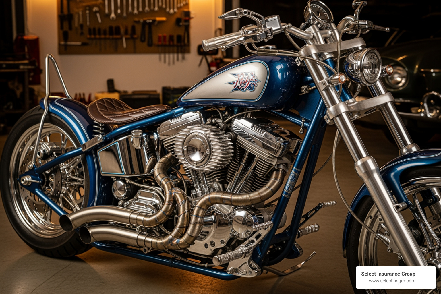 custom motorcycle highlighting its unique parts - motorcycle insurance companies in virginia