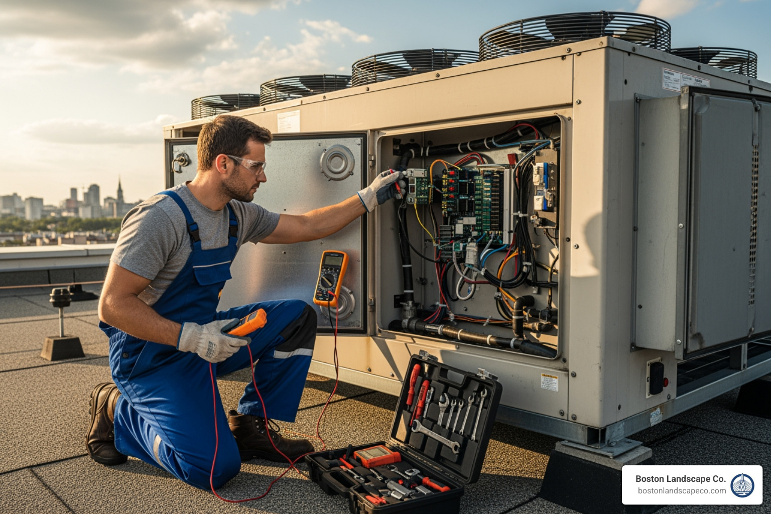 A technician servicing a commercial HVAC unit - commercial property repairs and maintenance