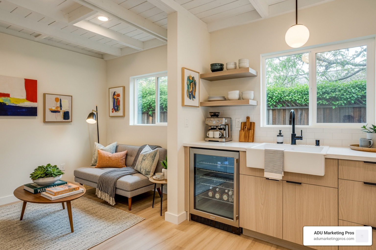 A stylishly converted garage ADU interior with a cozy living area and a modern kitchenette - adu remodel