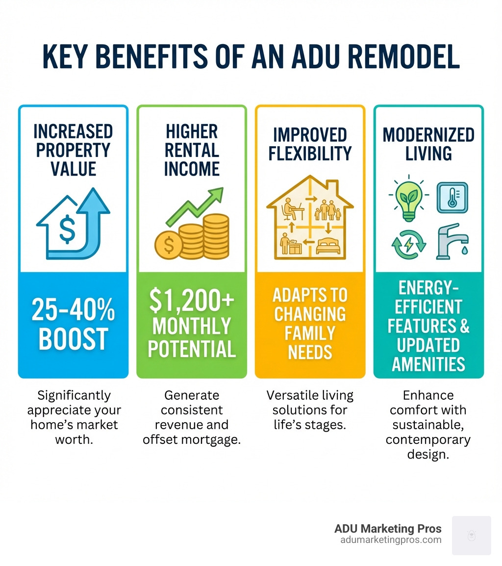 Infographic showing the key benefits of an ADU remodel: Increased Property Value (25-40% boost), Higher Rental Income ($1,200+ monthly potential), Improved Flexibility (adapts to changing family needs), and Modernized Living (energy-efficient features and updated amenities) - adu remodel infographic 