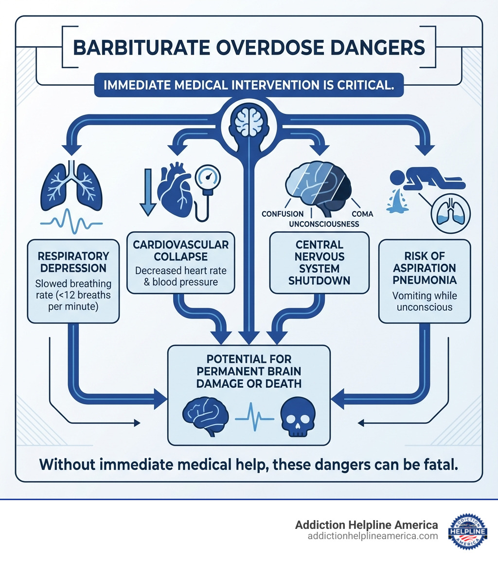 infographic showing barbiturate overdose dangers including respiratory depression leading to slowed breathing rate below 12 breaths per minute, decreased heart rate and blood pressure causing cardiovascular collapse, central nervous system shutdown progressing from confusion to unconsciousness to coma, risk of aspiration pneumonia from vomiting while unconscious, and potential for permanent brain damage or death without immediate medical intervention - barbiturates overdose infographic infographic showing barbiturate overdose dangers including respiratory depression leading to slowed breathing rate below 12 breaths per minute, decreased heart rate and blood pressure causing cardiovascular collapse, central nervous system shutdown progressing from confusion to unconsciousness to coma, risk of aspiration pneumonia from vomiting while unconscious, and potential for permanent brain damage or death without immediate medical intervention - barbiturates overdose infographic