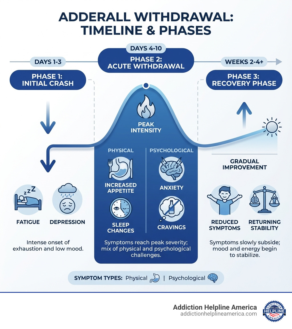 Infographic showing the timeline and phases of Adderall withdrawal symptoms, including the initial crash phase (days 1-3) with fatigue and depression, acute withdrawal phase (days 4-10) with peak symptom intensity, and recovery phase (weeks 2-4) with gradual improvement, plus common physical symptoms like increased appetite and sleep changes alongside psychological symptoms like anxiety and cravings - adderall withdrawal symptoms infographic 